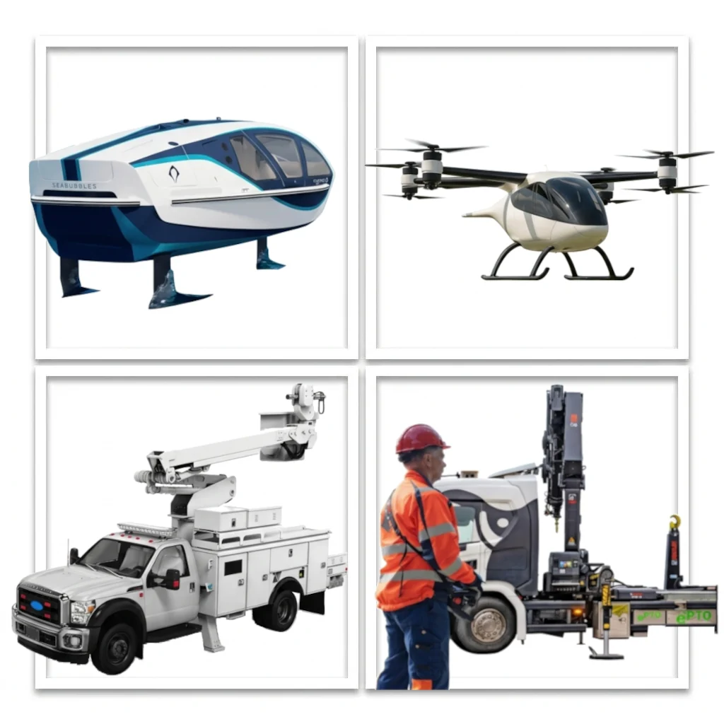 L.Pack applications: hydrofoil shuttle, drone, bucket truck and crane truck